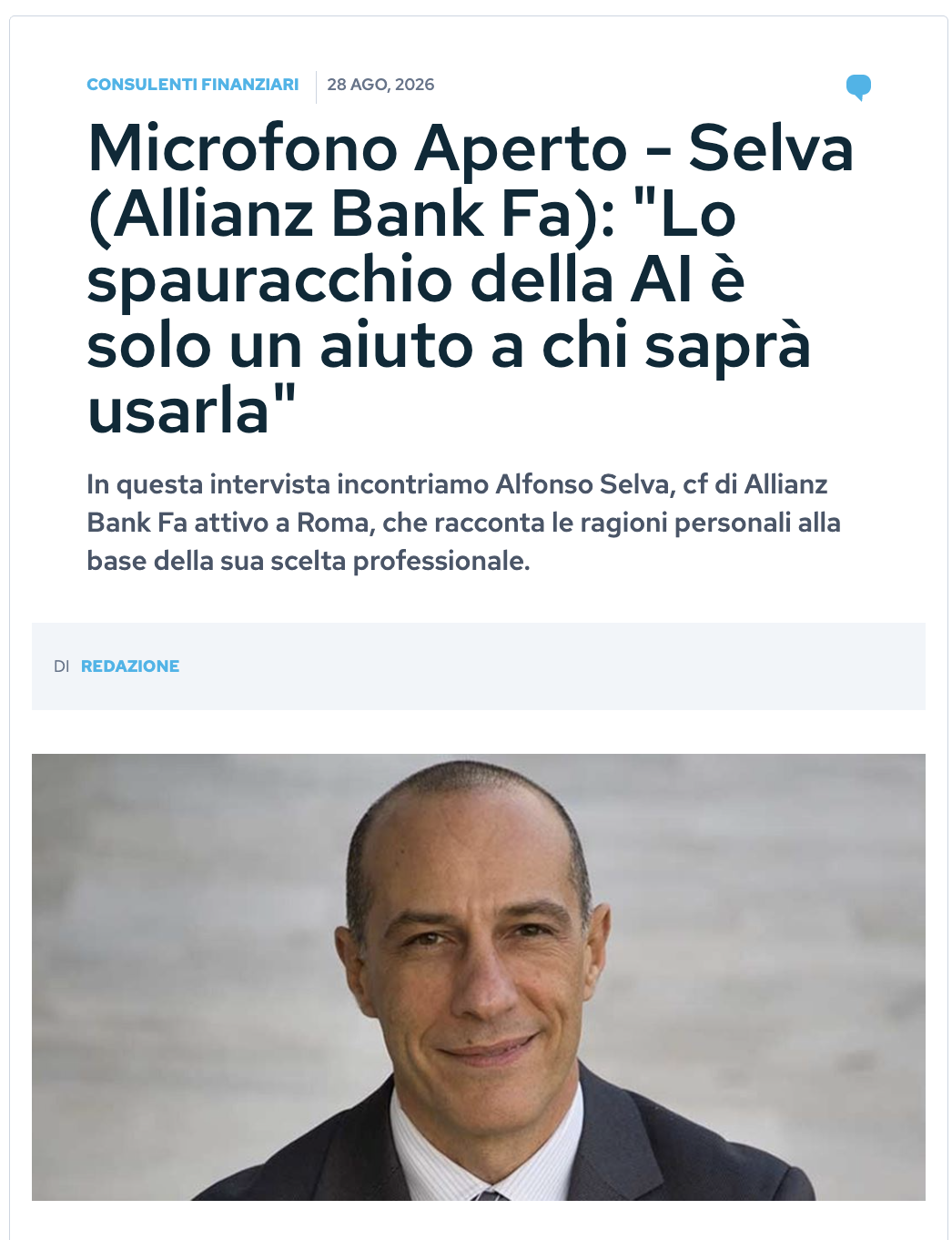 Alfonso Selva intervistato da Citywire sul futuro dell’intelligenza artificiale nella consulenza finanziaria